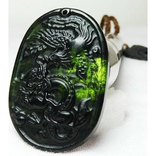 Natural Black Green Jade Dragon Phoenix Pendant Necklace Chinese Carved Charm Jewelry Fashion Amulet for Men Women Lucky Gifts