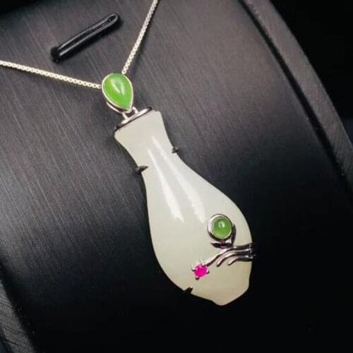 Natural White Jade Pendant Mosaic 925 Silver Trendy Women Jewelry Free Necklace