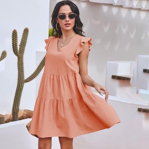 Summer Clothes For Women Butterfly Sleeve Dress Casual Solid V-neck Loose Elegant Womens Streetwear Mini Dresses For New 2021