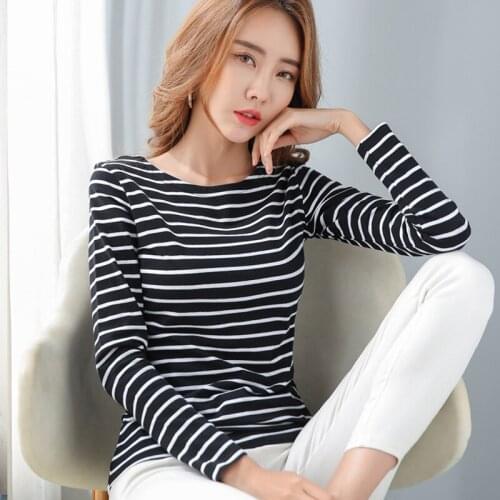 Casual Women T-Shirt Slash neck Long Sleeve Korean Style Slim Striped Basic Cotton Tshirt Top Womens Clothing 5XL T Shirt Femme