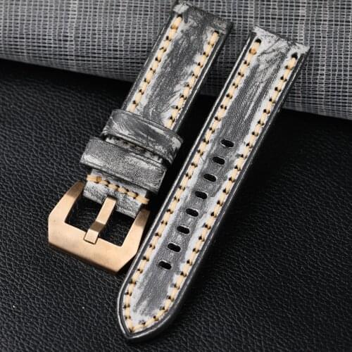 Handmade Italian Waxed Leather Watchband 20 22 24MM Bronze Watch Bracelet,Thickened Bronze Buckle Men Bracelet