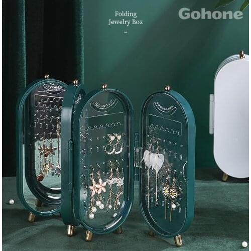 Foldable Jewelry Storage Box Household Earrings Necklace Display Stand High Capacity Luxury Retro Screen Jewelry Organizer Case