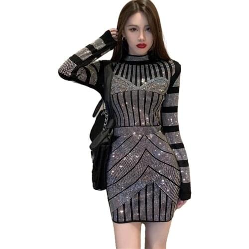 Blingbling Women Skirt Set Long Sleeve Stand Collar Pullover Top+ Bodycon Mini Skirts Suit Hot Drilling Two Piece Set