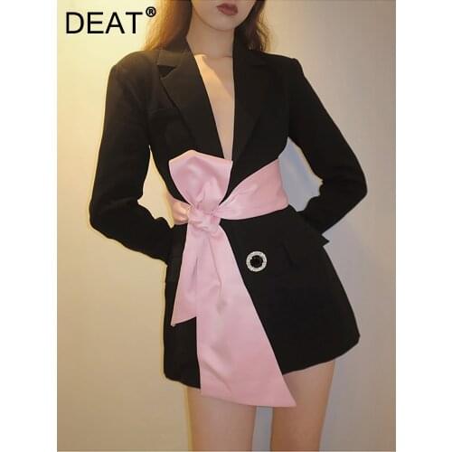 DEAT 2021 New Autumn And Winter Fashion Casual Long Sleeve Slim Blackless Patchwork Black Bow Long Blazer Coat Women SL536