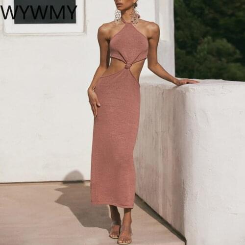WYWMY Knit Halter Long Dress Sexy Backless Sleeveless Lace Up Summer Women Dresses Waist Hollow Out Holiday Beach Party Robe