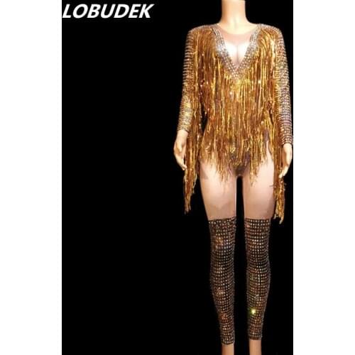 Gold Crystals Sequins Tassels Jumpsuit Elastic Long Sleeve Fringes Rompers Nightclub Costume Sexy Fashion Bar Singer Stage Wear
