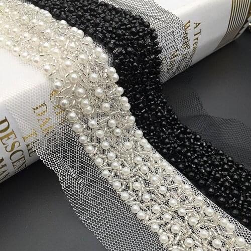 1Yard Black White Champagne Pearl Beaded Lace Trim Collar Ribbons African Lace Sewing Materials Crafts For Clothes Wedding Dress