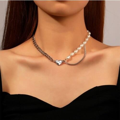 2021 New Korean Oval Pearl Metal Silver Color Punk Necklace for Women Love Heart Clavicle Chain Collar Necklace Kpop Stitching