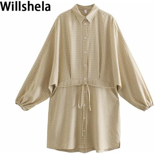 2021 Women Fashion Shirt Dress with Waist rope Long Wide Sleeves Vintage Chic Lady Casual Plaid Short Dresses Woman Robe