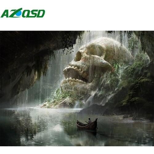 AZQSD Diamond Embroidery Waterfall Mountain Skull Mosaic Rhinestones Diamond Painting Landscape Cross Stitch Handmade Home Decor