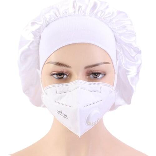 Satin Bonnet Hair Caps Wide Elastic Band Night Sleep Cap with Button Wear Ear Protection Headwear Hat Women Hair Accessories