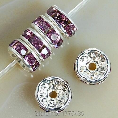 Free Shipping 100Pcs 10MM Metal Amethysts Silver Plated Crystal Rhinestone Rondelle Spacer Beads For Jewelry Making Craft DIY