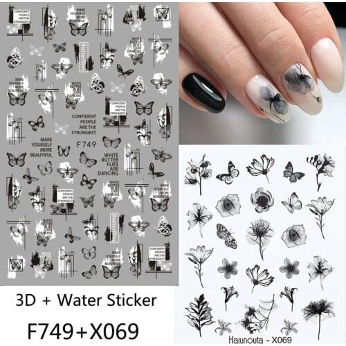Harunouta Black White Butterfly Nail Sticker Set 3D Geometric Lines Water Decals Summer Slider For Manicuring Nail Art Watermark