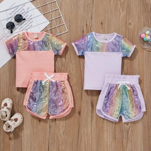 Children Contrast Color Clothes Set,2021 New Fashion Girls Short Sleeve O-neck T-shirt with Sequins Side Split Shorts