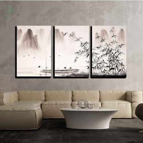 Three Piece Canvas Wall Art Chinese Landscape Ink Painting Modern Home Decor
