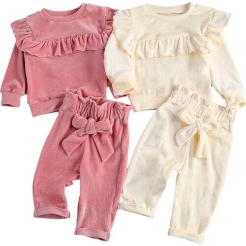 Autumn Winter Baby Girls Clothes Sets Solid Fleece Ruffles Long Sleeve Pullover Tops Pants 2pcs