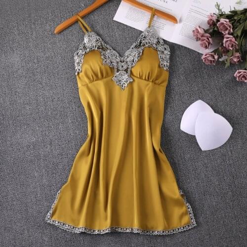 Summer NEW Sleepwear Femal Nightdress Yellow Nightgown Satin Sexy Mini Home Dressing Gown Intimate Lingerie Satin Nightwear