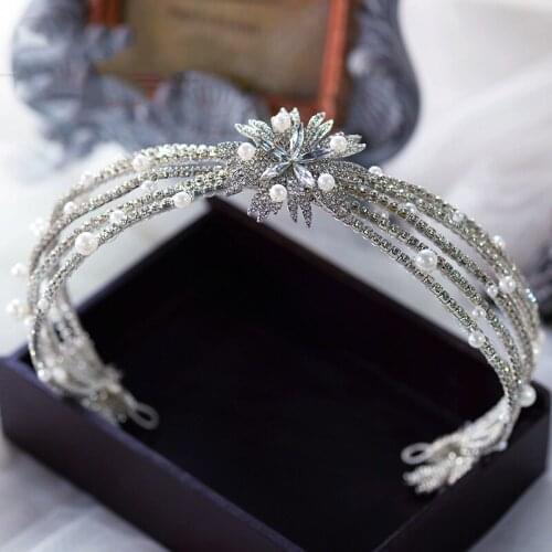 NiuShuya New Multi-layer Crystal Headband Big Flower Crown Pearl Bride Hair Accessories Royal Princess Wedding Tiaras Jewelries