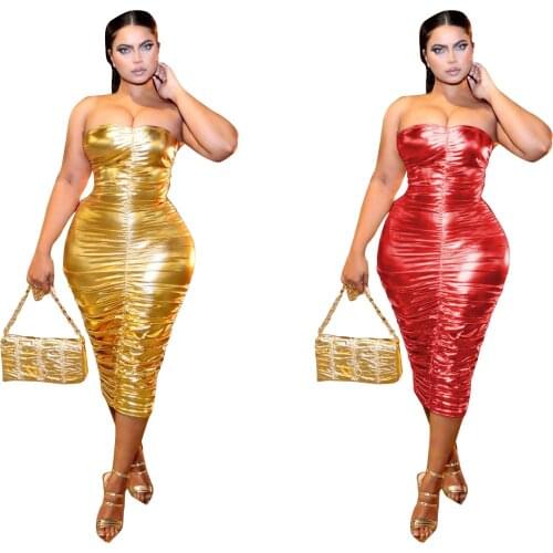 New 2021 Gold Bright Strapless Ruched Midi Dress for Sexy Club Night Party Bodycon Pencil Dresses