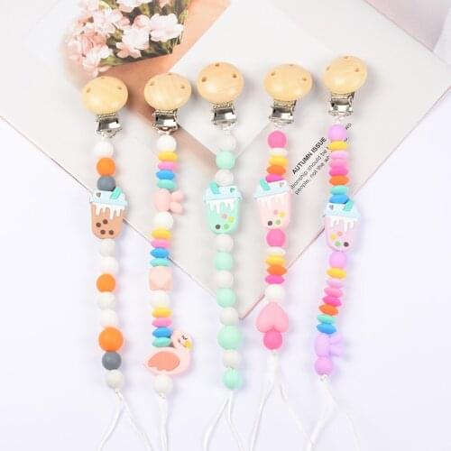 Newborn Baby Teething Food Grade Silicone Nipple Holder Chain 1Pcs Baby pacifier Chain Safe Silicone Round Beads Wood Clip
