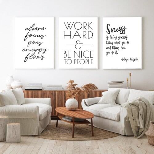 Work Hard and Be Nice To People Inspirational Quotes Print Black White Wall Art Canvas Painting Success Poster Office Wall Decor