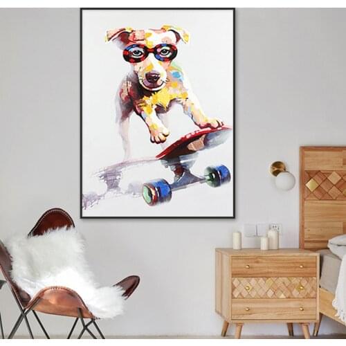 Skateboard Dachshund Canvas Paintings Glasses Dog Posters Animal Oil Painting Print Abstract Wall Art Pictures Home Decor Mural