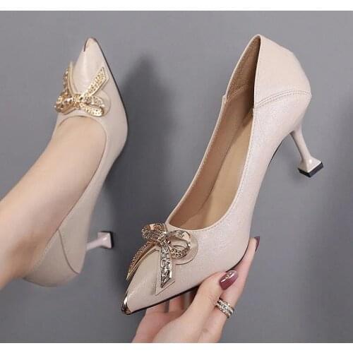 MGHY Pumps 34-41 size,4,6,8cm heel,Flight attendant high heels soft leather ladies stiletto fashion pointy shoes 054