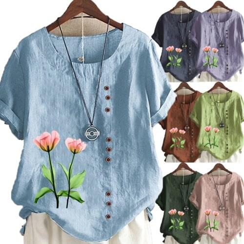 Womens Summer New Fashion Casual Linen Shirt Round Neck Printing T-shirt Short Sleeve Tops Loose Blouse S-5XL