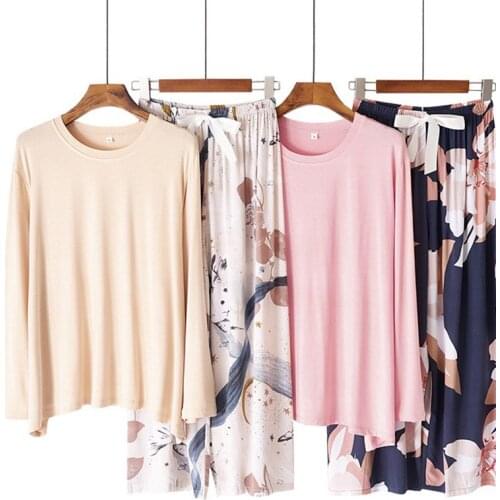 2020 Spring New Ladies Comfort Loose Modal Pajama Set O-Neck Full Pants Floral Printed Sleepwear Soft Large Homewear Casual Wear