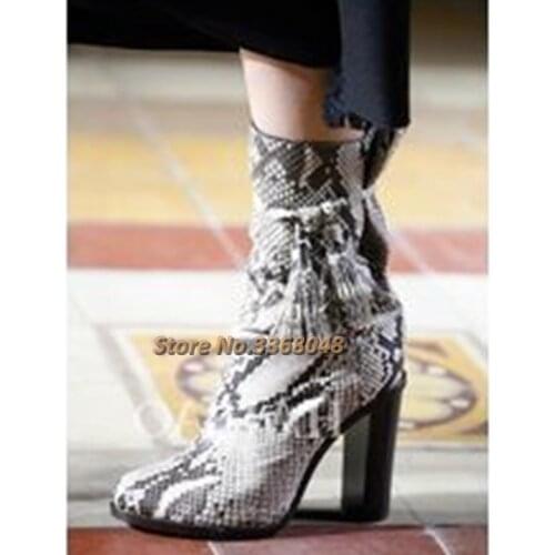Tassel Women Ankle Booties Block High Heel Dress Runway Winter Boots Beige Snake Skin Black Burgundy Boots