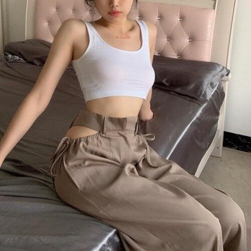 High tails hollow out quaste straight pants 2021 female fashion street casual wear harajuku Khaki cargo pants women