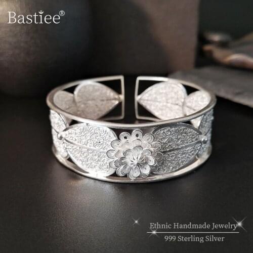 Leaf Flower 999 Sterling Silver Bangles For Women Vintage Wide Bracelet Handmade Luxury Jewelry Ethnic Bangle Hand Accessories