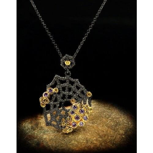 Boho Female Purple Crystal Pendant Necklace Charm Black Gold Chain Necklaces For Women Vintage Round Zircon Wedding Necklace