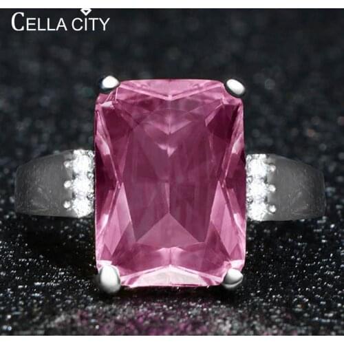 Cellacity Classic Silver 925 Ring for Women Fine Jewelry with Gemstones Rectangle Pink Crystal Geometry Design Female Gifts Part