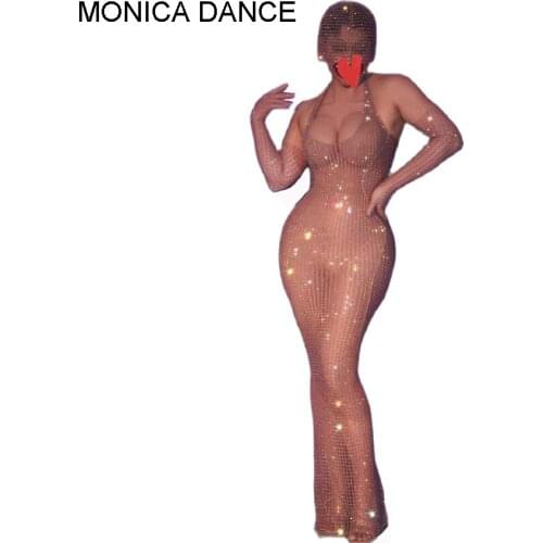 Women Sexy Stage Nude Mesh Silver Stones Trasparent Long Dress Evening Birthday Celebrate Costume Singer See Through Dance Dress