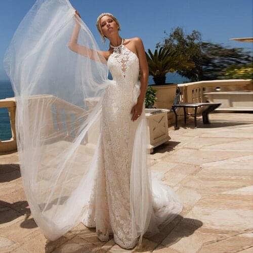 Sexy Open Back Africa Mermaid Wedding Dresses Pure White Halte Lace Bride Boho Beach Bridal Gown 2021