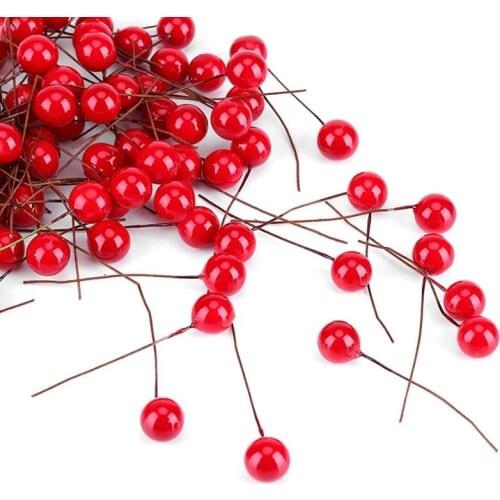 100pcs Red Mini Fake Fruit Artificial Flower Cherry Stamen Gift for New Year Christmas Pendant Tree Decorations Berry Decoration