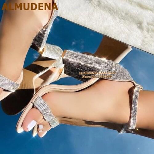 ALMUDENA Elegant Nude Silver Patchwork Bling Bling Sandals Glitter Crystal Chunky Heel Evening Sshoes Buckle Strap Party Pumps