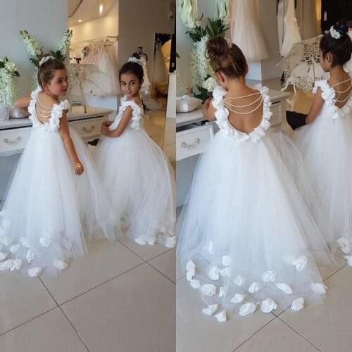 White 3D Handmade Flowers Appliques Flower Girl Dresses Elegant Ball Gown Jewel Round Collar Long Kids Party Gowns