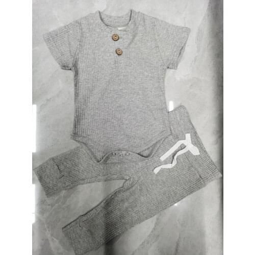 2021 Two Piece Baby Clothes Kids Toddler Fashion Solid Color Short Sleeve Button Bodysuit+Elastic Long Pants Sets for 0-24M