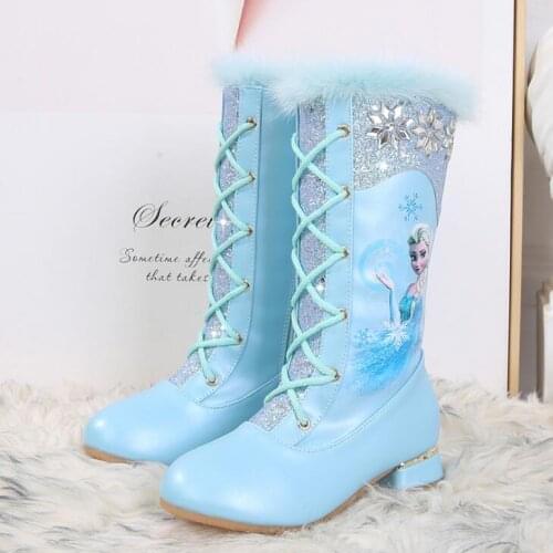 Disney Cartoon Frozen Girls Snow Boots Princess Elsa Anna Long Boots With High Heel Waterproof Snow Boots Pink Blue