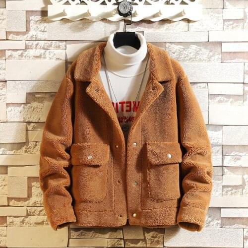 Mens autumn winter short plus velvet warm cotton jacket Mens fashion high-quality lamb thick plush blouse Solid color coat