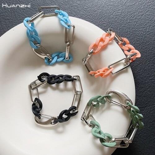 HUANZHI 2021 New Rainbow Color Matte Resin Acrylic Splicing Bracelet Metal Silver Color Neutral Bangle for Women Men Jewelry