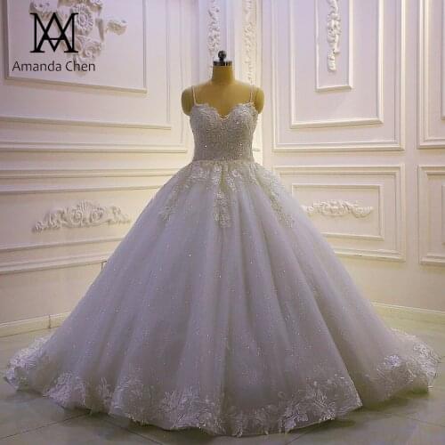 Robes de mariage Spaghetti Straps Lace Appliqued Glitter Wedding Dress