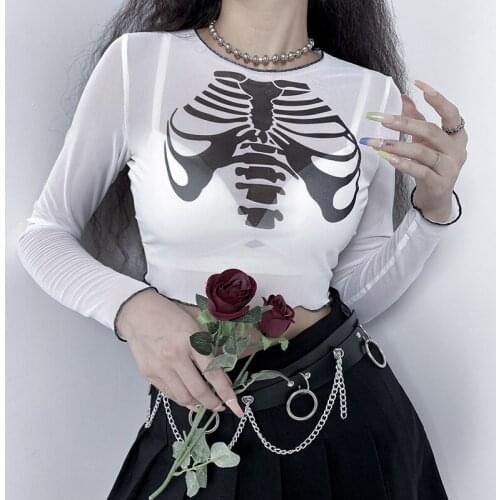 Hand-Painted Gothic Printed Summer Long Sleeve Womens Mesh T-Shirt For Girls 2021O-Neck See Through Y2k Crop Top Tee Shirt