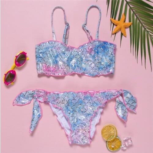 Cute Girl’s Two Piece Split Swimsuit Fresh Mermaid Pattern Suspender Tops and Bandage e Shorts Kis Bikinis Beach Wear