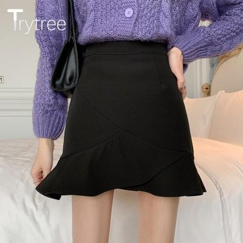 Trytree 2021 Summer Casual Woman Skirt Solid Black High Waist Zipper Ruffled Hem Solid All-match Sweet Mini Shorts Skirt Women