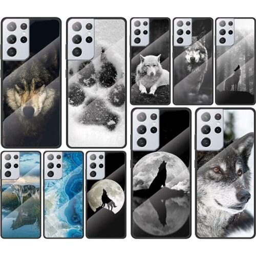 Fashion Black Wolf for Samsung Galaxy S21 Ultra Plus A72 A52 4G 5G M51 M31 M21 Luxury Tempered Glass Phone Case Cover