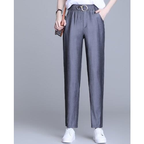 Soft Comfort Women Pants Casual Spring Slacks Ice Silk Ankle-Length Long Trousers Female 3XL 4XL 2021 New High Waist