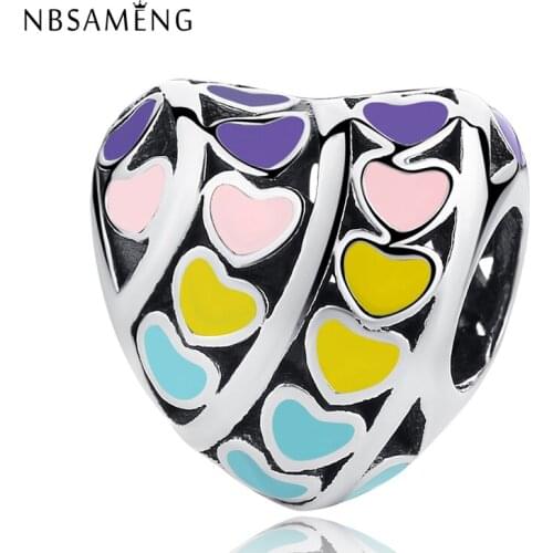 NBSAMENG 100% 925 Sterling Silver Bead Heart Multi-colour Charm Love Rainbow Beads Fit Bracelets Women Diy Jewelry
